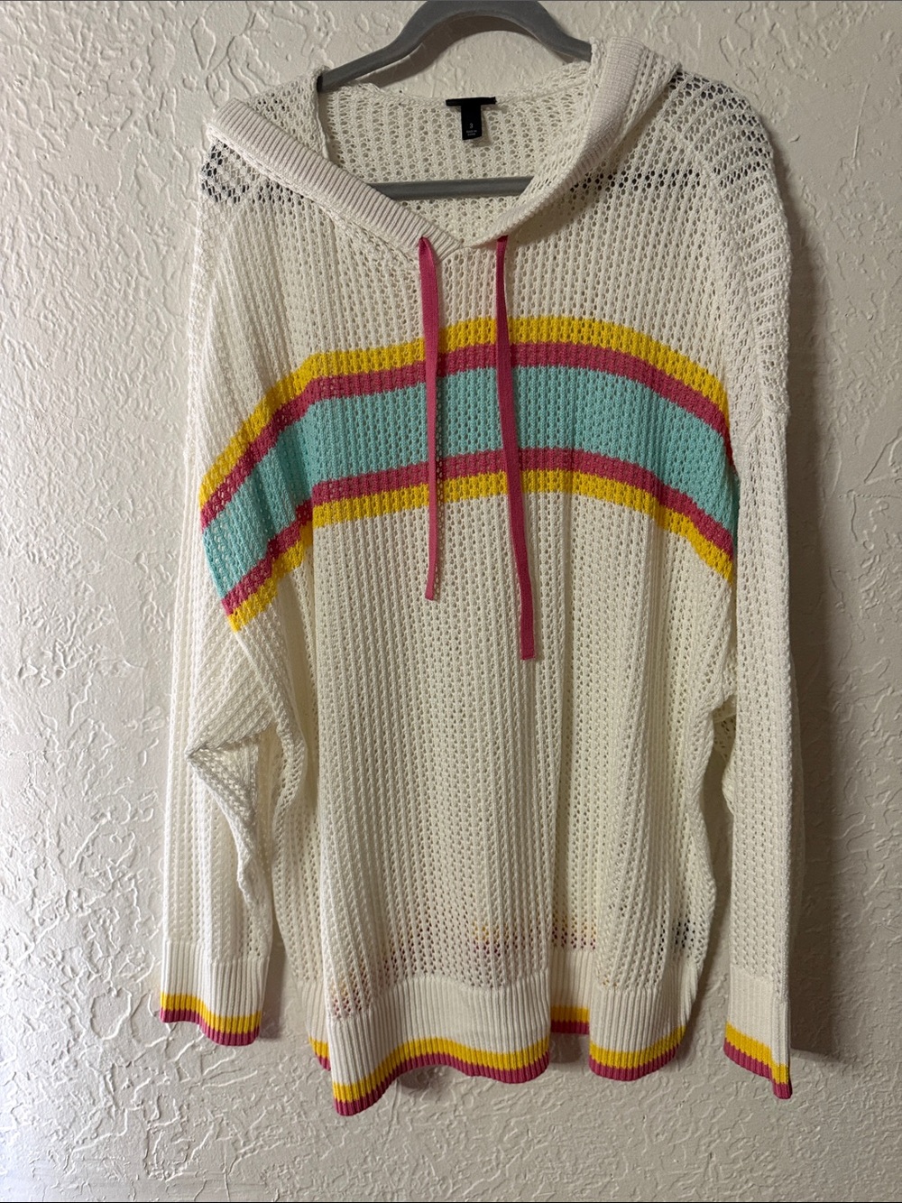 torrid Cream Open-Knit Hoodie Sweater with Pink, Aqua & Yellow Stripes